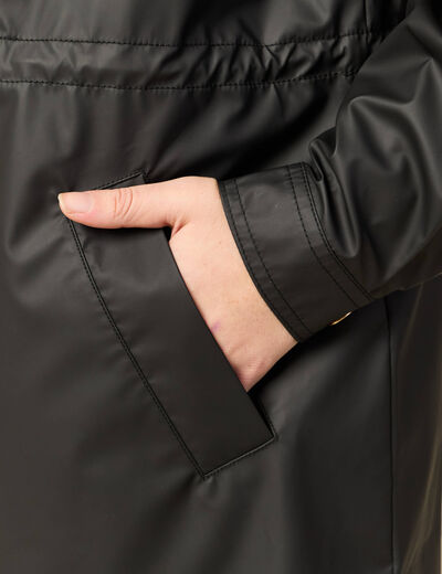 Parka longue droite d&eacute;perlante &agrave; capuche noir femme