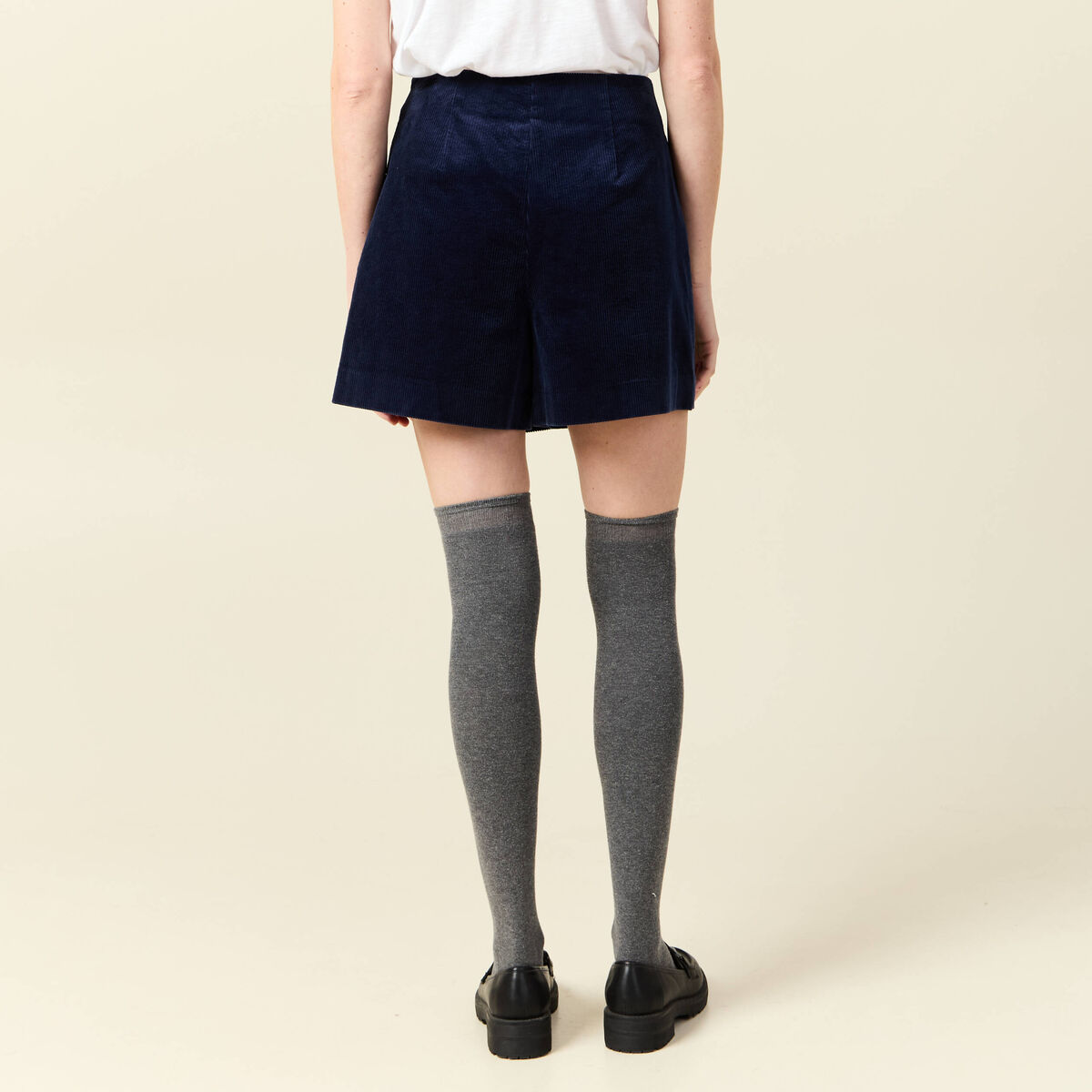 Jupe-short taille haute en velours bleu marine femme