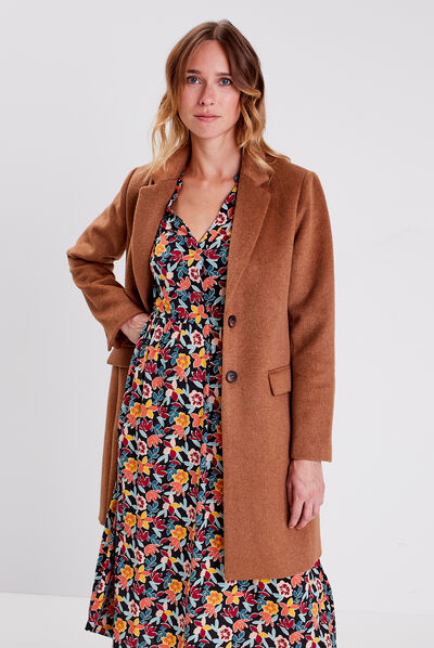 Manteau droit boutonné marron clair femme