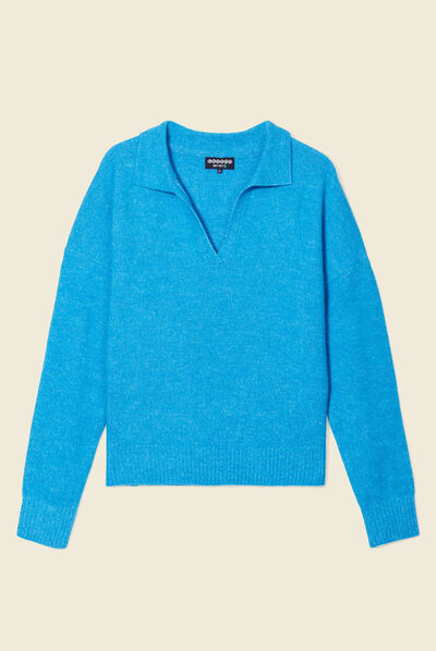 Pull col polo éco-responsable bleu femme