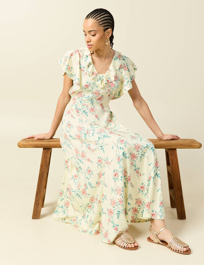 Robe longue &eacute;vas&eacute;e col v manches courtes jaune pastel femme