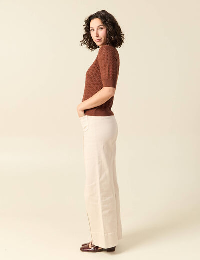 Polo col polo manches coude en coton marron fonc&eacute; femme
