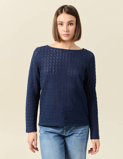 T-shirt manches longues ajouré bleu marine femme