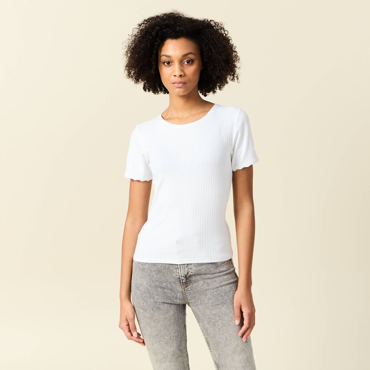 T-shirt manches courtes côtelé blanc femme