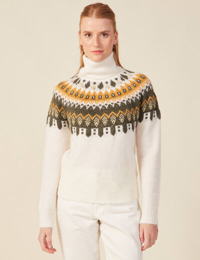 Pull manches longues col roulé ecru femme
