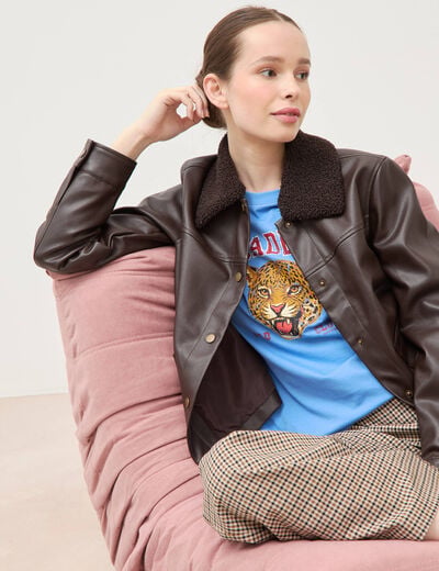 Blouson col sherpa manches longues marron fonc&eacute; femme