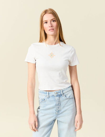 T-shirt ajust&eacute; cropped col rond ivoire femme