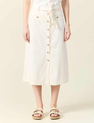 Jupe midi trap&egrave;ze denim blanc femme