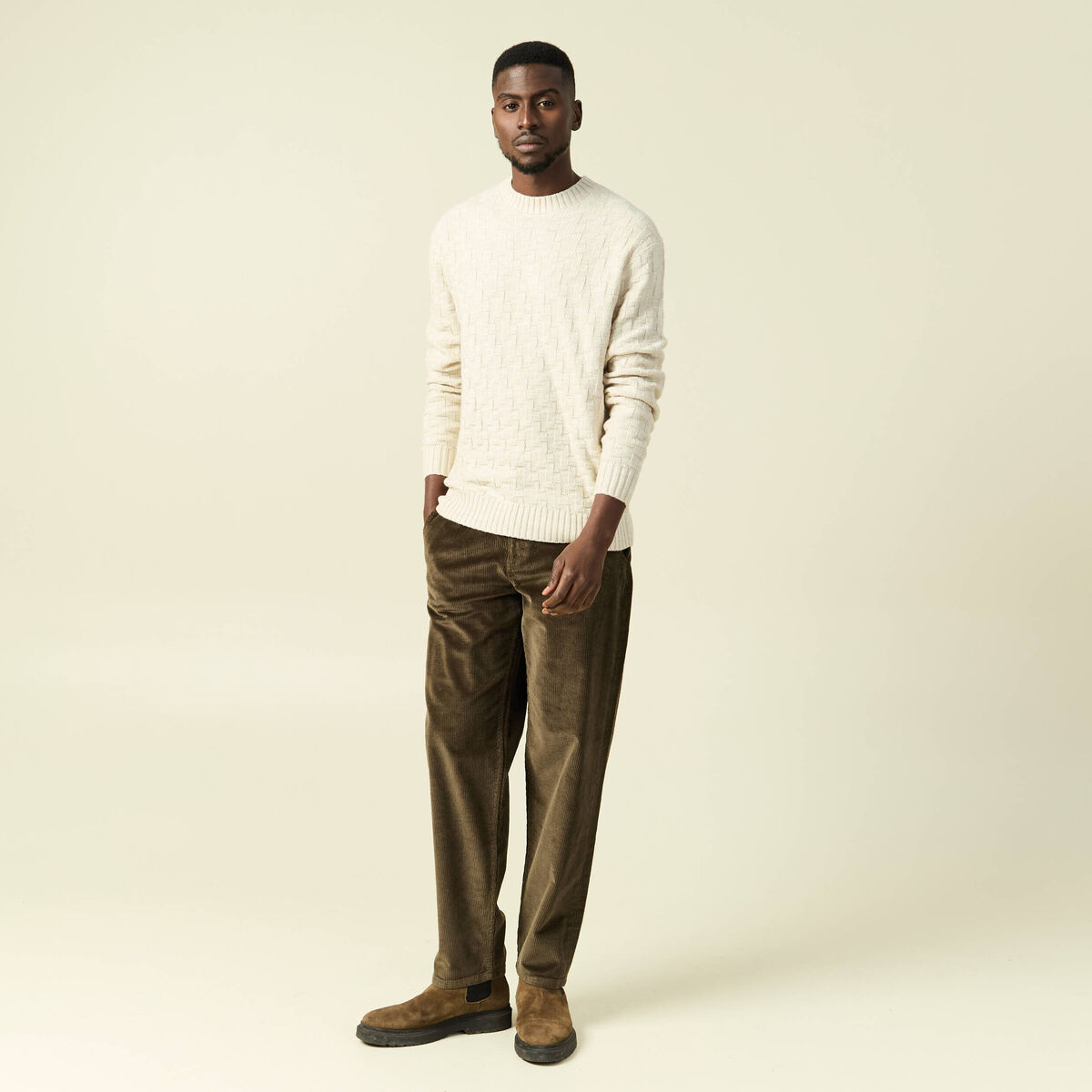 Pull manches longues col rond sable homme
