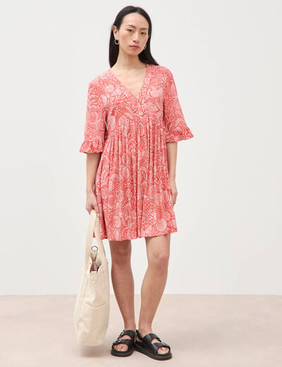 Robe col v manches au coude orange corail femme