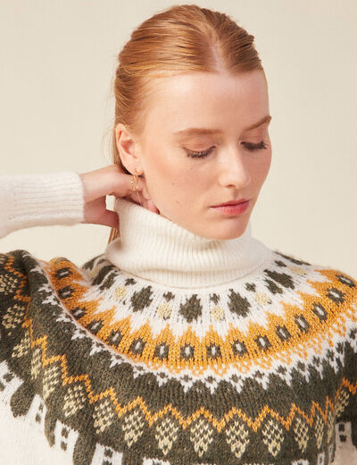 Pull manches longues col roulé ecru femme