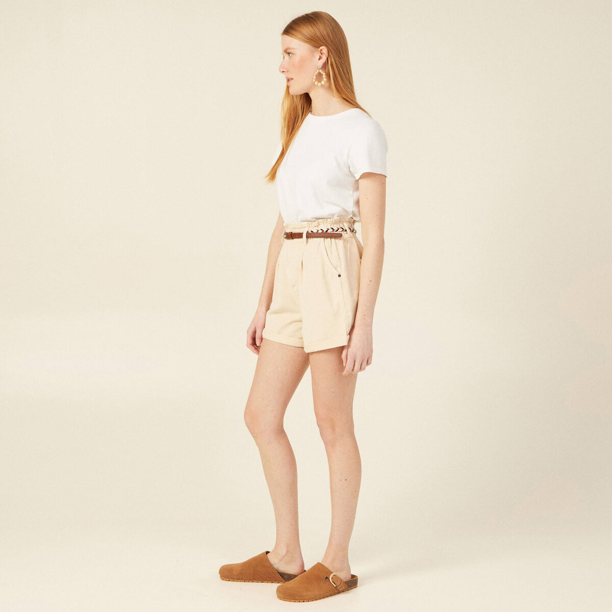 Short paperbag ceinturé creme femme