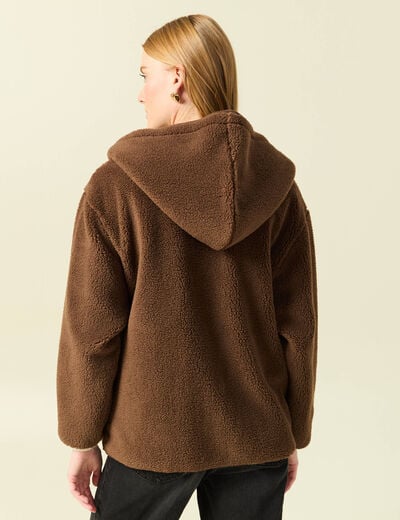 Gilet droit mi-long effet polaire marron fonc&eacute; femme