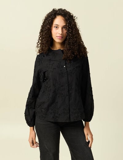 Chemise manches longues broderie coton noir femme