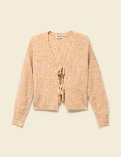 Gilet col V manches longues n&oelig;uds beige femme