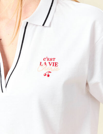 T-shirt droit court col V en coton blanc femme