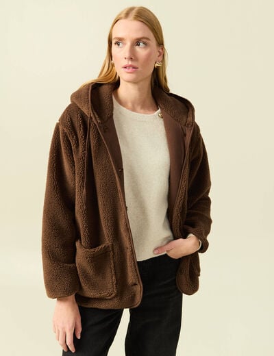Gilet droit mi-long effet polaire marron fonc&eacute; femme
