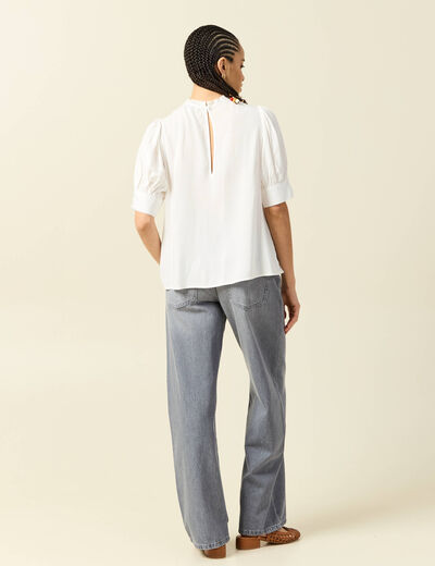 Blouse manches courtes col rond ecru femme