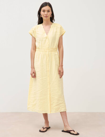 Robe fluide col v manches courtes jaune clair femme