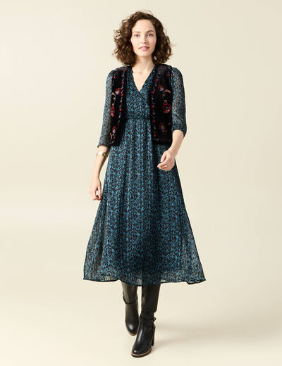 Robe longue évasée manches 3/4 bleu canard femme