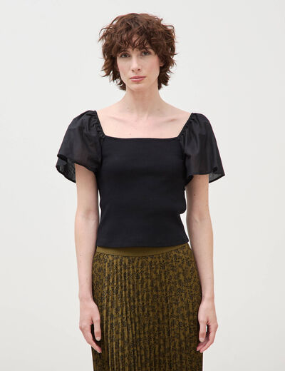 T-shirt bi-mati&egrave;re ajust&eacute; d&eacute;collet&eacute; noir femme