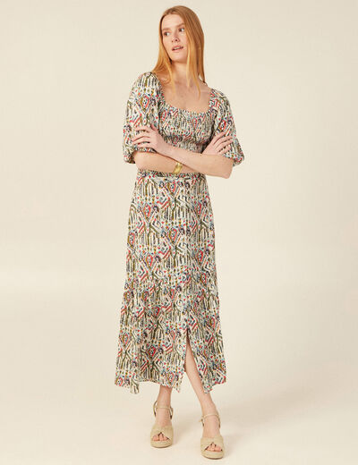 Blouse manches courtes smockée multicolore femme