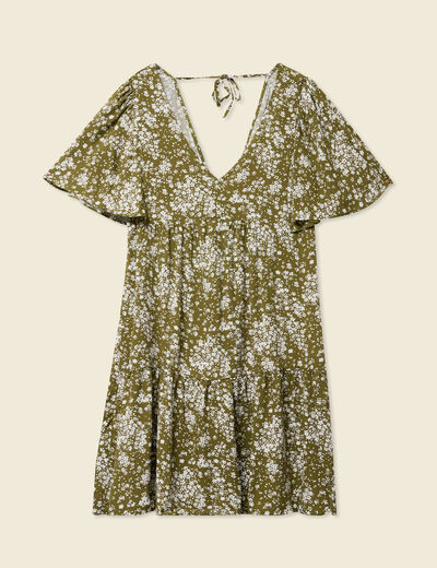 Robe évasée manches courtes vert olive femme