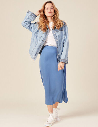 Jupe longue évasée satin bleu femme