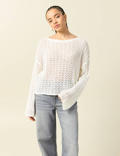 Pull ajour&eacute; col bateau manches longues ecru femme