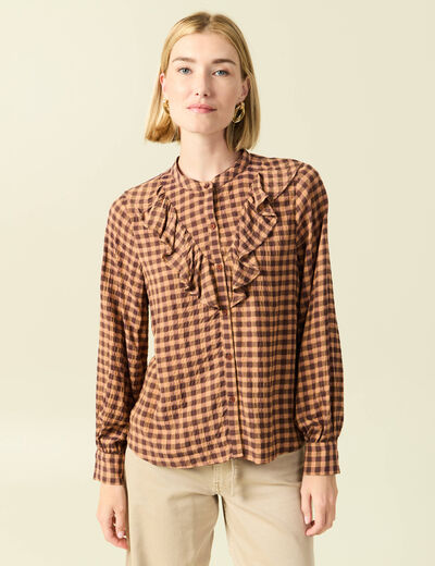 Chemise &agrave; volants manches longues marron fonc&eacute; femme