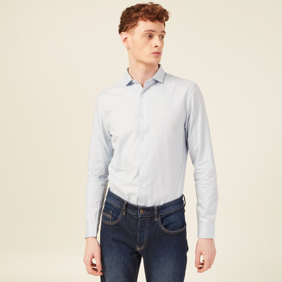 Col cintr&eacute; en coton manches longues bleu ciel homme
