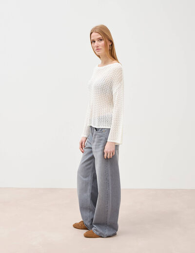 Pull ajour&eacute; col bateau manches longues ecru femme
