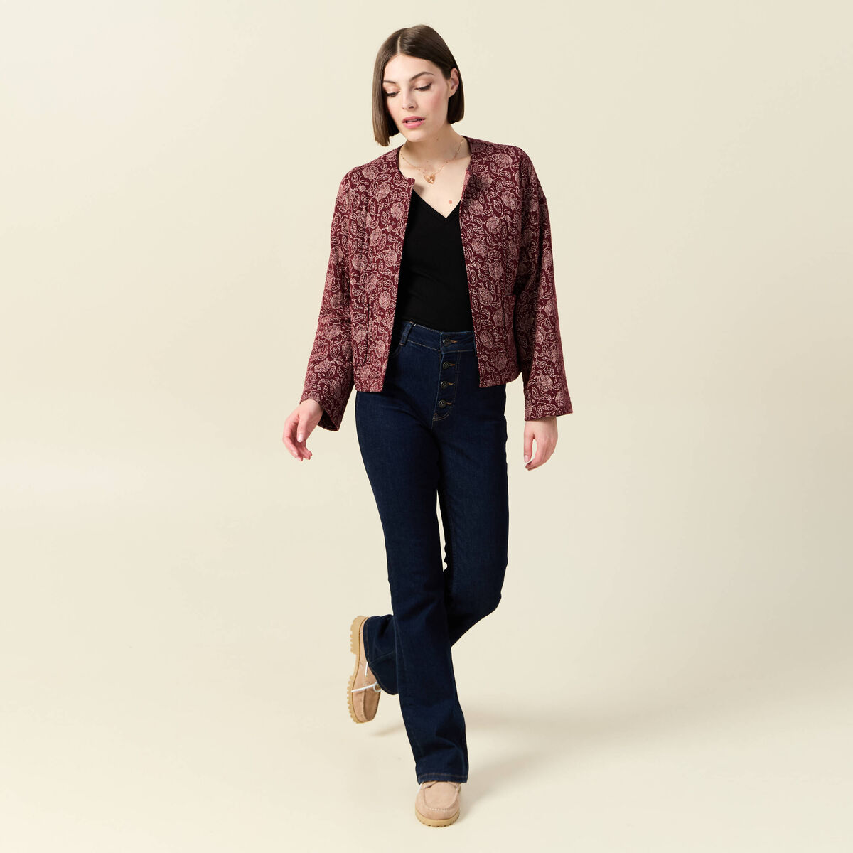 Gilet matelassé col rond rouge foncé femme