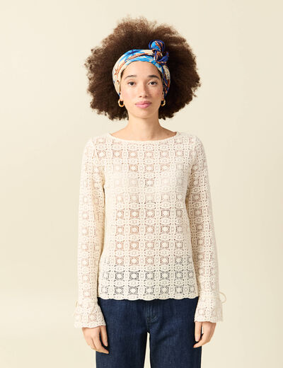 T-shirt manches longues en dentelle ecru femme