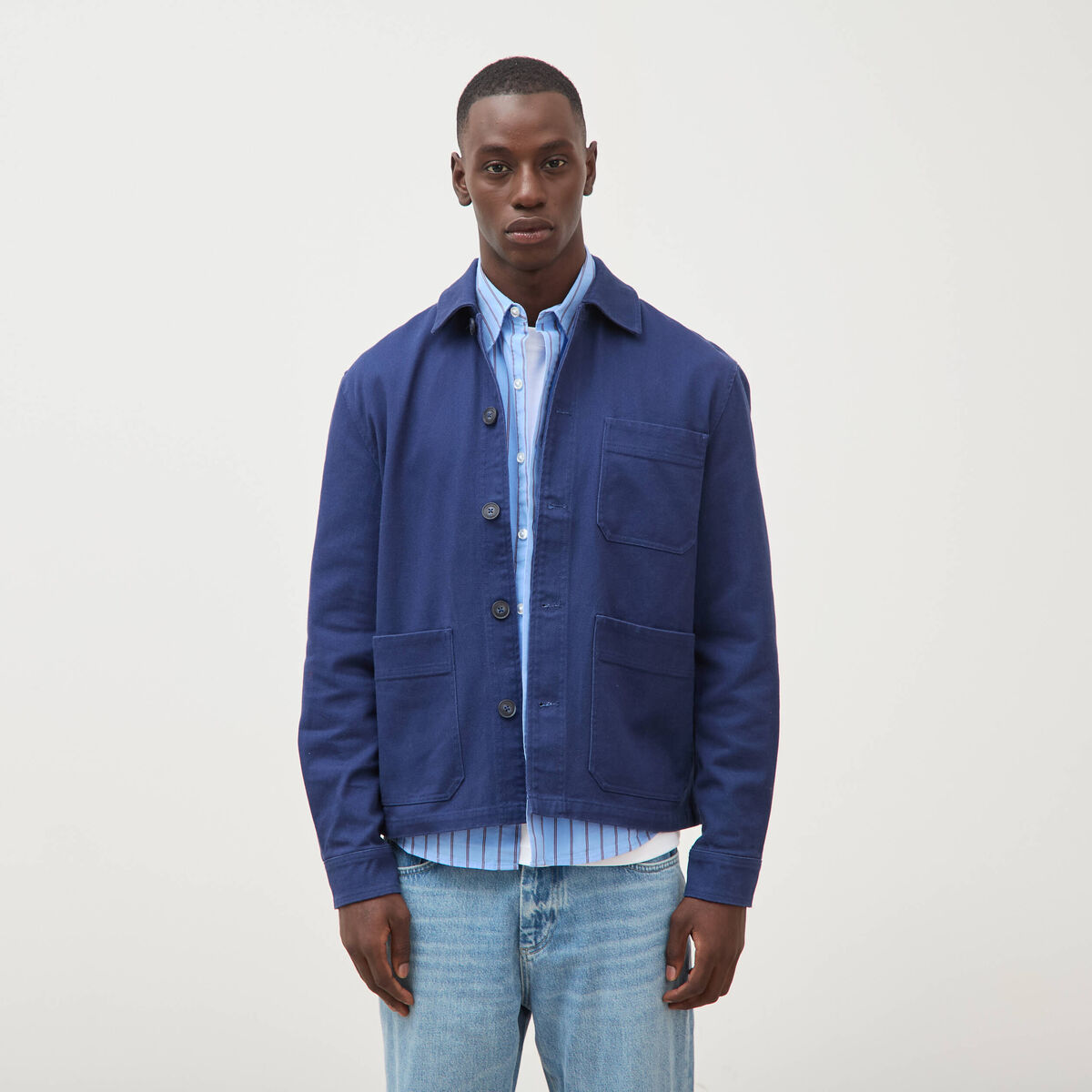 Surchemise droite en coton bleu fonc&eacute; homme