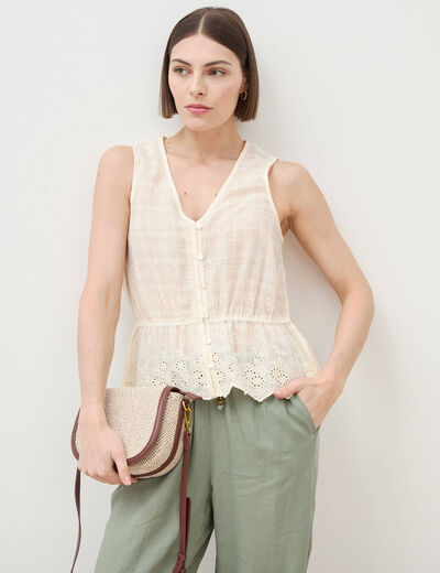 Top col v sans manches en coton creme femme