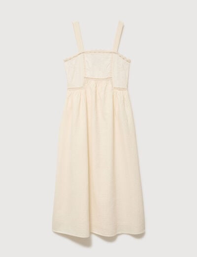 Robe en coton &agrave; bretelles col carr&eacute; ivoire femme
