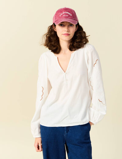 Blouse manches longues brodées ecru femme