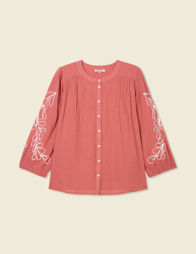 Chemise manches 3/4 brodée rose framboise femme