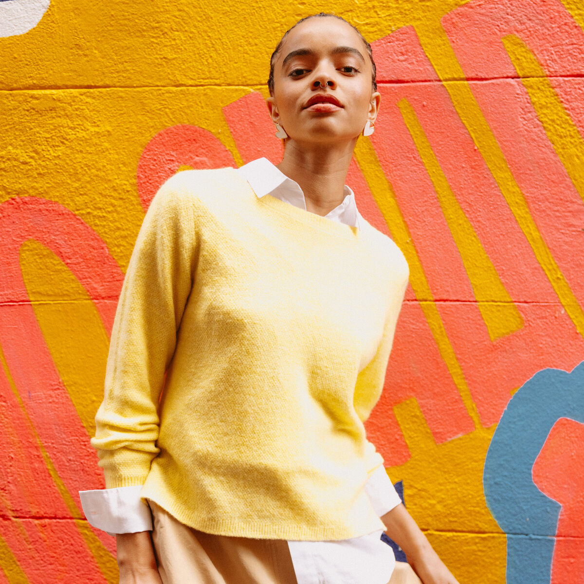Pull col bateau manches longues jaune clair femme