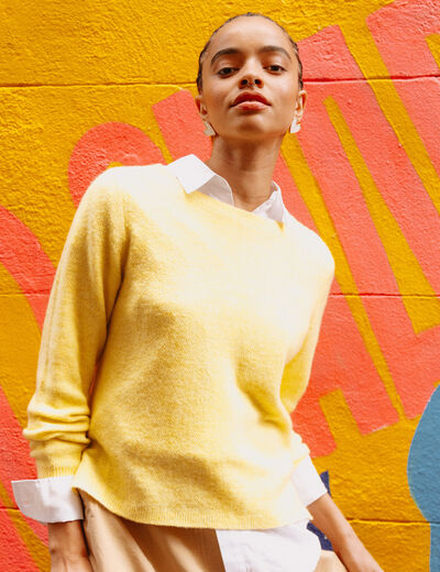 Pull col bateau manches longues jaune clair femme