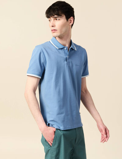 Polo cintr&eacute; en coton manches courtes bleu gris homme