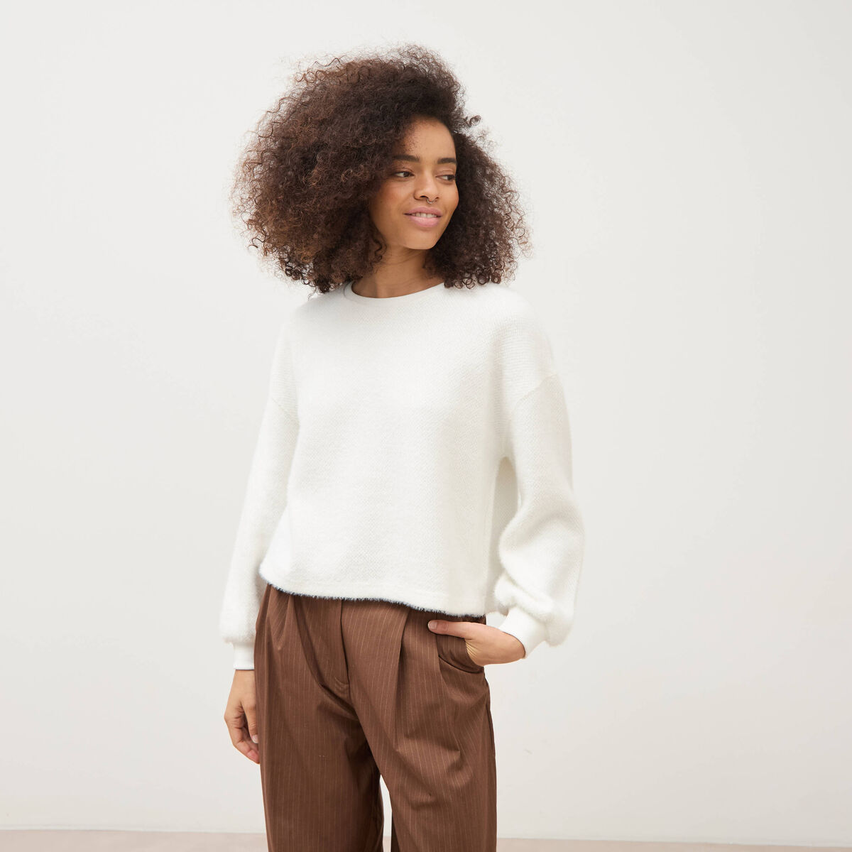 Sweat manches longues ecru femme