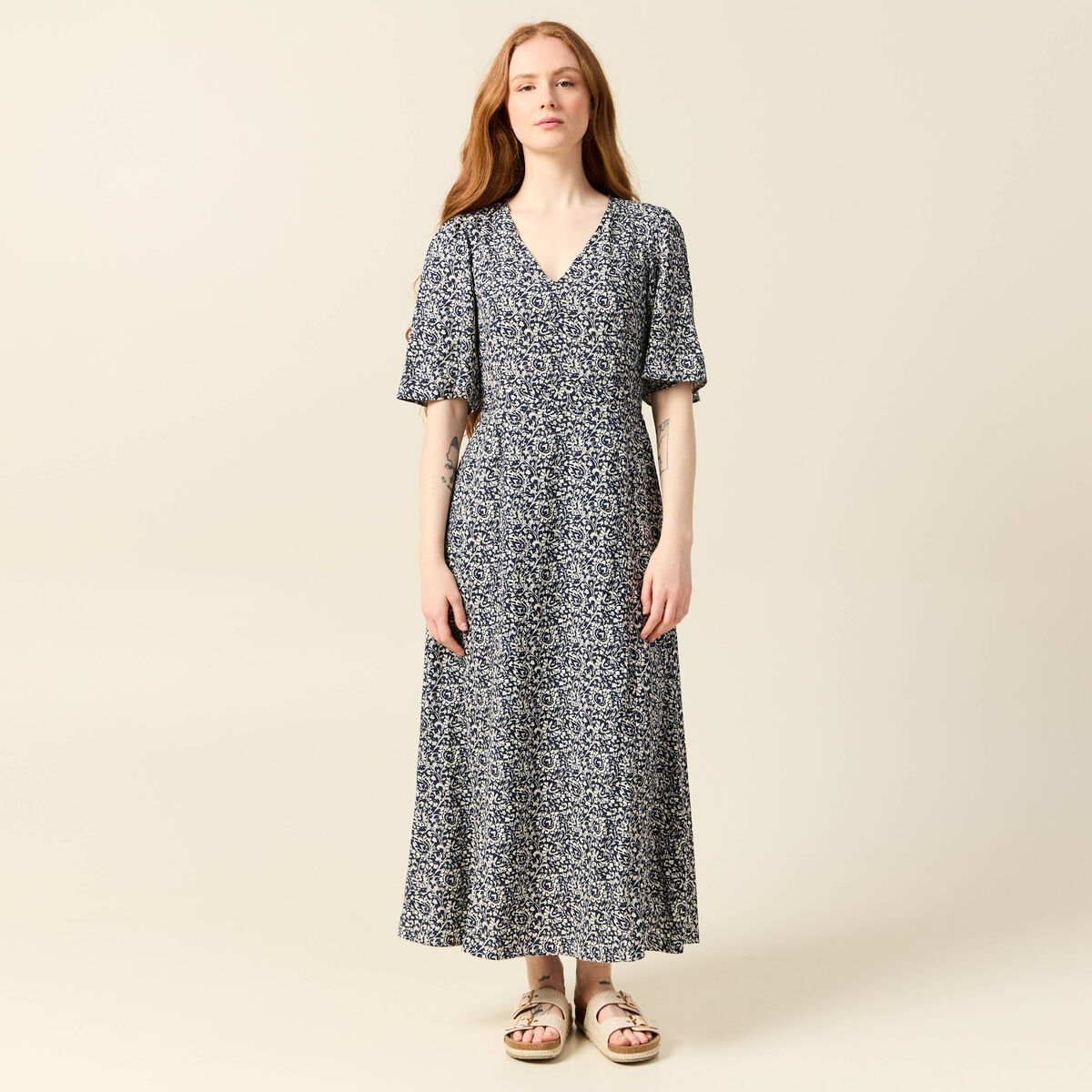 Robe longue trapèze bleu femme