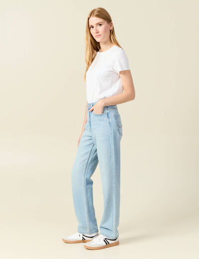 Jeans straight taille haute denim bleach femme