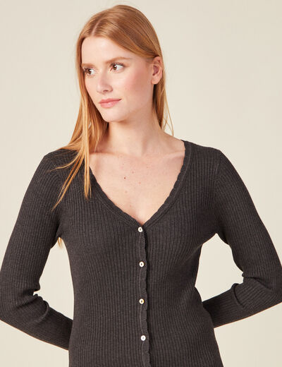 Gilet manches longues col v gris fonc&eacute; femme
