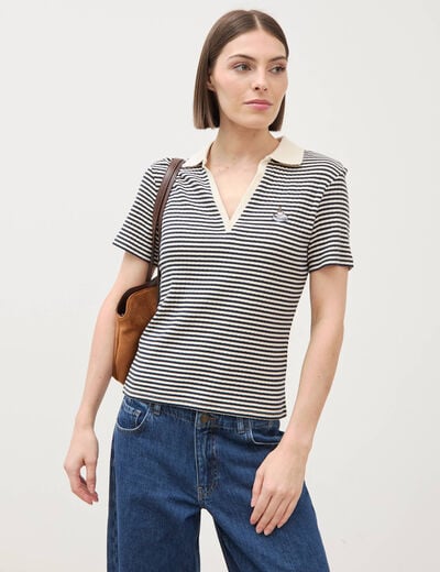 Polo ray&eacute; en coton manches courtes ecru femme