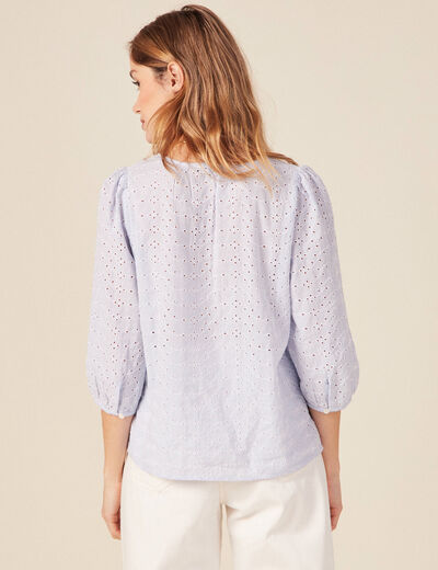 Blouse manches 3/4 brodée bleu femme
