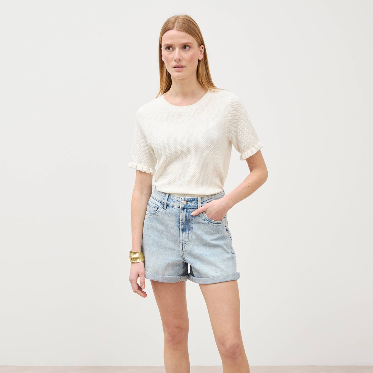 Short mom taille haute en jean denim snow bleu femme