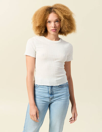 T-shirt ajusté court manches courtes ivoire femme